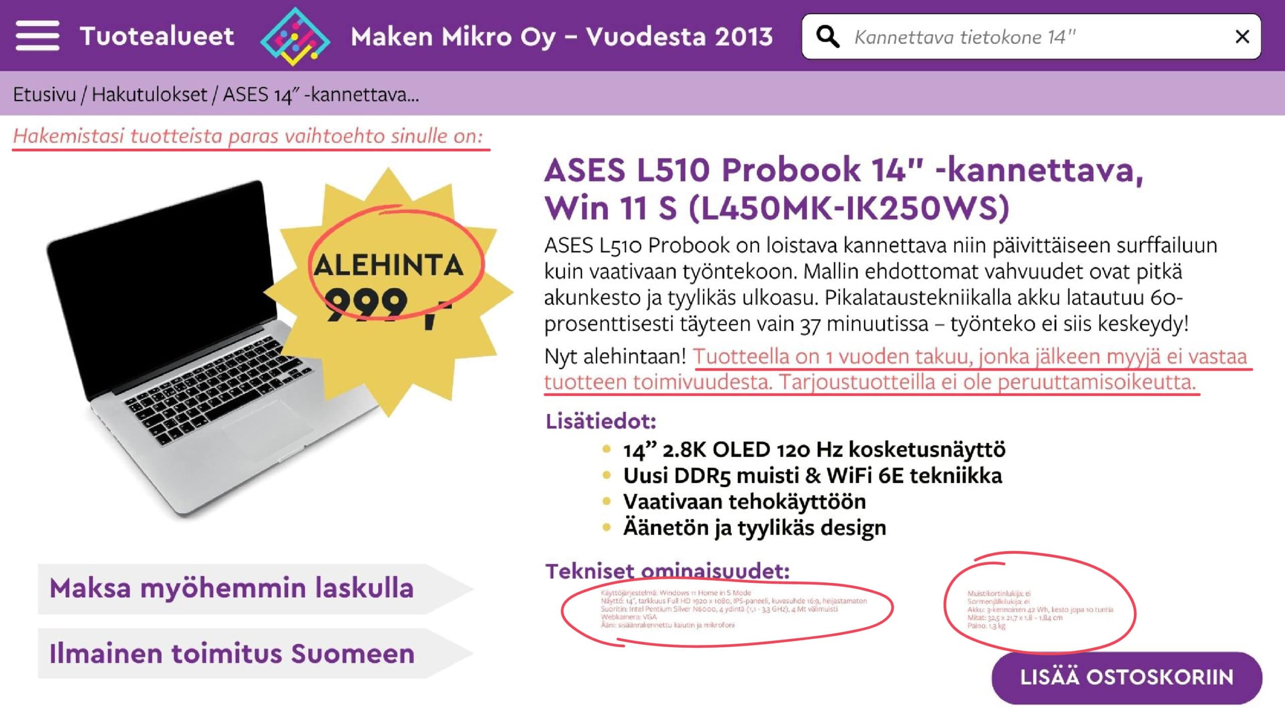 Esimerkkikuva elektroniikkaa myyvästä verkkokaupasta, jonka tiedot ovat puutteelliset tai virheelliset.