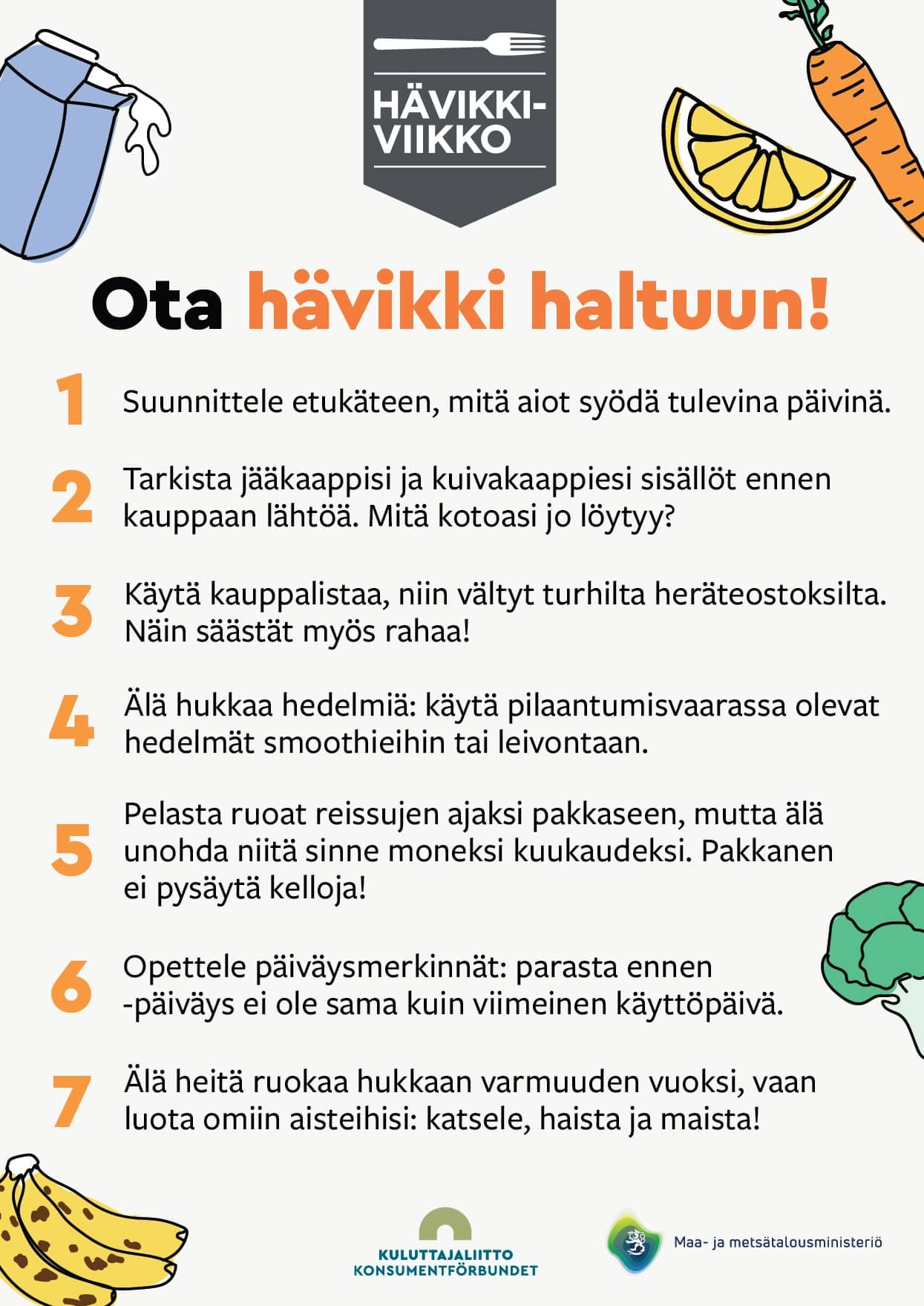 Vinkkilista, jossa seitsemän erilaista vinkkiä hävikin vähentämiseksi.