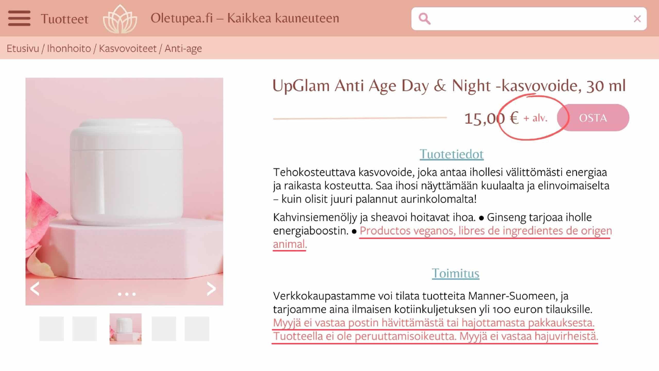 Esimerkkikuva kosmetiikkaa myyvästä verkkokaupasta, jonka tiedot ovat puutteelliset tai virheelliset.