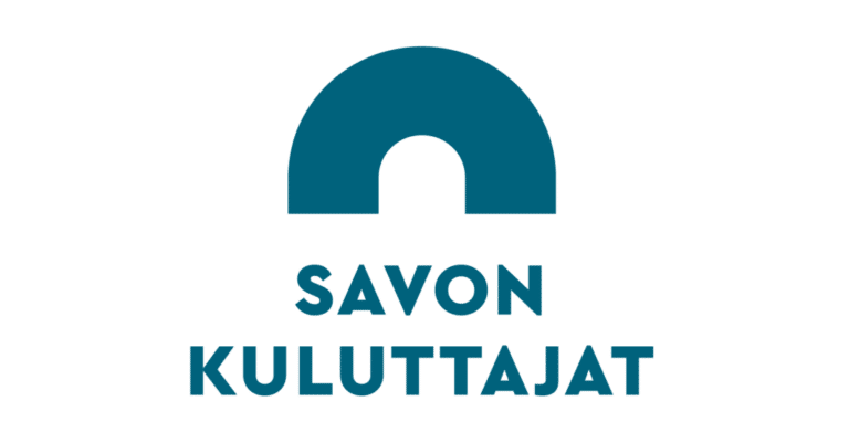 Logossa tummansinisellä fontilla yhdistyksen nimi ja sen päällä kaarisymboli.