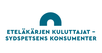 Logossa tummansinisellä fontilla yhdistyksen nimi ja sen päällä kaarisymboli.