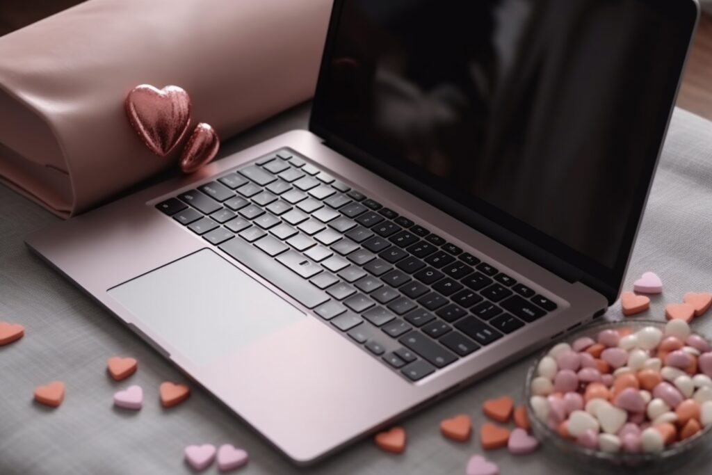 Kannettava tietokone, jonka ympärillä on karkkisydämiä.