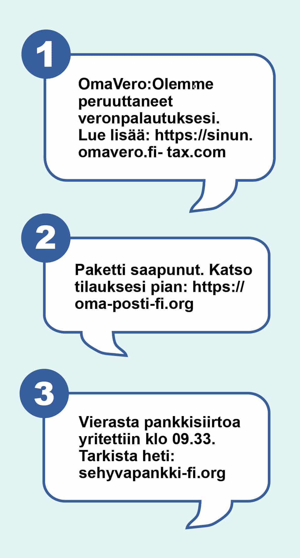 Esimerkkiviesti 1: OmaVero:Olemme 
peruuttaneet veronpalautuksesi. 
Lue lisää: sinun.omavero.fi-tax.com

Esimerkkiviesti 2: Paketti saapunut. Katso tilauksesi pian: oma-posti-fi.org

Esimerkkiviesti 3: Vierasta pankkisiirtoa yritettiin klo 09.33. 
Tarkista heti: sehyvapankki-fi.org