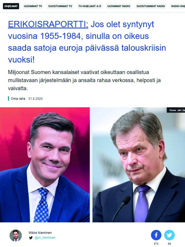 Sijoitushuijauksessa käytetty uutinen. Teksti: Erikoisraportti: Jos olet syntynyt vuosina 1955-1984, sinulla on oikeus saada satoja euroja päivässä talouskriisin vuoksi.