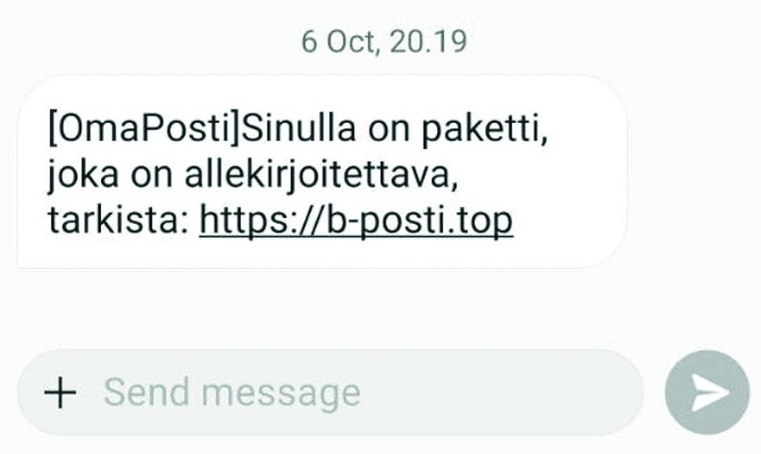 Kuva huijausviestistä. Tekstissä lukee: [OmaPosti]Sinulla on paketti, joka on allekirjoitettava, tarkista: https:/b-posti,top.
